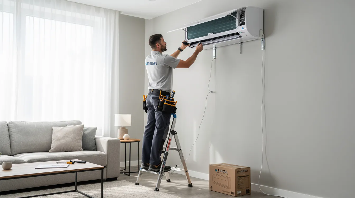 A professional technician in uniform is installing an inverter air conditioning unit on the wall of a living room, ensuring efficient cooling and energy savings for the space. The technician is focused on adjusting the unit to maintain consistent temperatures and optimal performance.