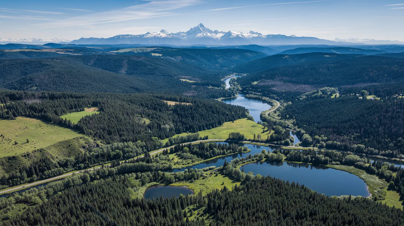 An aerial view showcases the lush green forests of Washington state under a clear blue sky, highlighting the natural beauty of the landscape. This serene environment reflects the state's legal status regarding cannabis, where both medical and recreational use are regulated under local cannabis regulations.