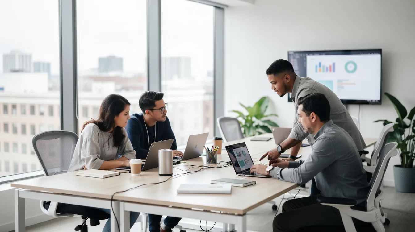 Eine Gruppe von Entwicklern arbeitet konzentriert an Laptops in einem modernen Büro, um gemeinsam an Code und Design für eine Website zu arbeiten. Sie nutzen verschiedene Tools und Technologien, um die Funktionalität und Interaktivität ihrer Projekte zu verbessern.