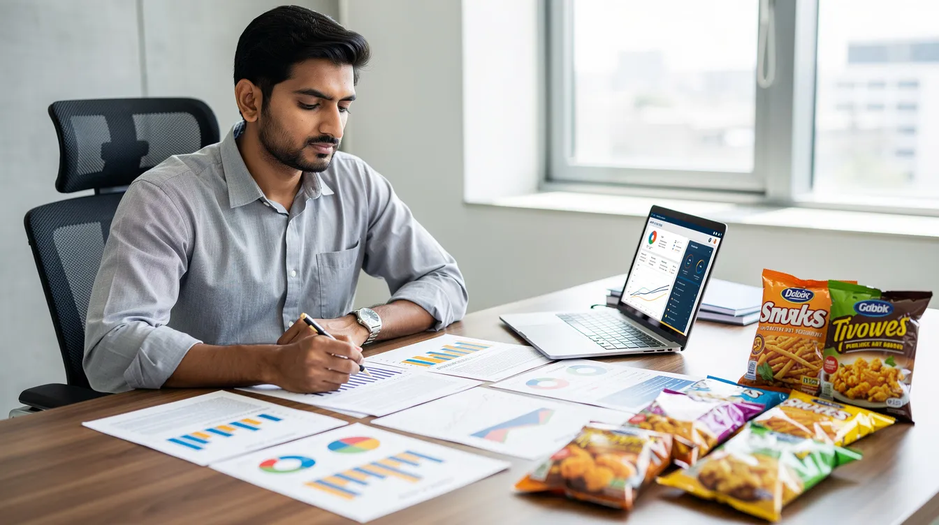 811e544d 87c8 4493 bd33 5d1f3945667e An Indian entrepreneur is seated at a desk, carefully reviewing documents and charts related to the puffed rice manufacturing business, with various product samples of snack packets arranged nearby. The scene reflects the growing puffed rice market and the entrepreneur's focus on the profitable food processing industry.