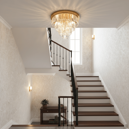 A tiered crystal flush-mount chandelier illuminates the small staircase landing with a warm, sparkling glow. Paired with subtle wall sconces and soft neutral décor, it creates a refined and practical example of small staircase lighting ideas.