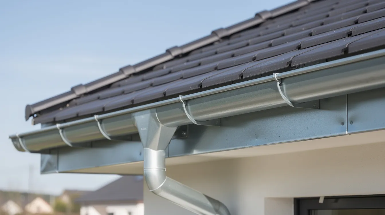 Une gouttière en zinc est installée sur une toiture récente, mettant en valeur le savoir-faire d'un couvreur professionnel. Cette installation, réalisée par des artisans qualifiés, assure une bonne évacuation des eaux pluviales et contribue à la durabilité de la couverture.