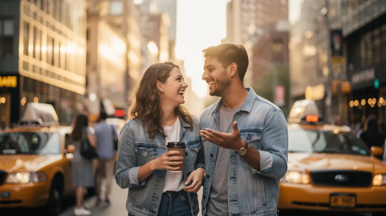A joyful scene of two 20-year-olds on a date in New York City, laughing and enjoying each other's company at a cozy coffee shop, showcasing the vibrant dating scene among young adults. The couple appears to be connecting over conversation starters, reflecting the success stories often shared by users of popular dating apps.