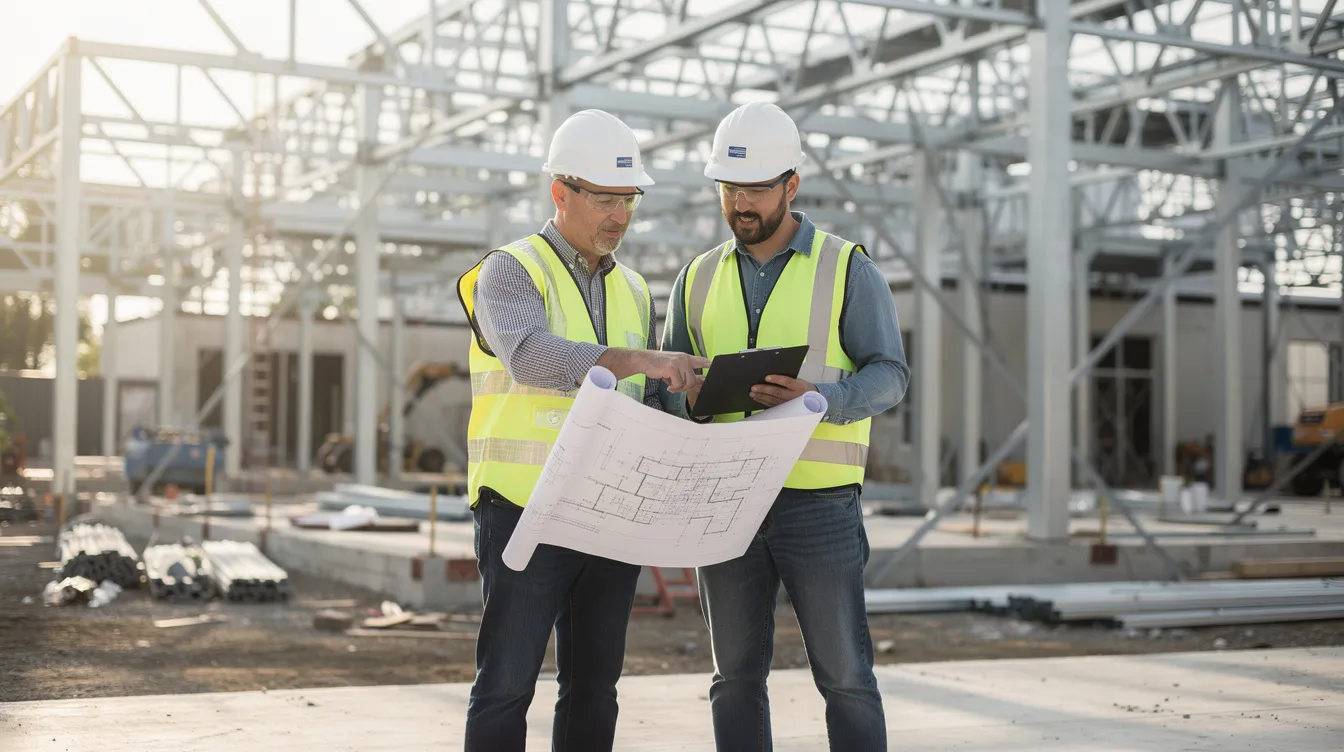 Two construction professionals are intently reviewing project plans on a job site, with steel framing visible in the background, highlighting the collaborative effort essential in the construction industry. This scene underscores the importance of effective communication and planning in construction business operations.