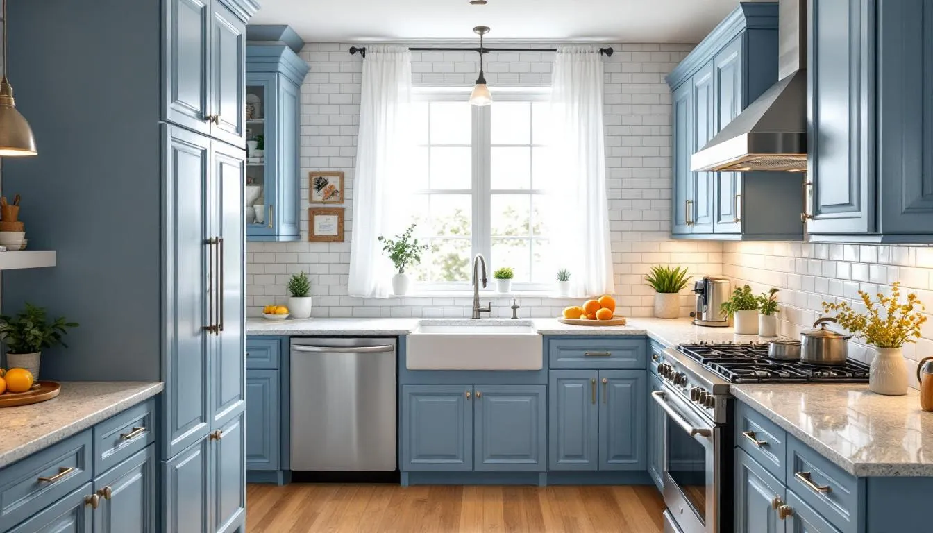 A bright and airy kitchen features medium blue cabinets complemented by a white subway tile backsplash, creating a fresh and inviting atmosphere. Stainless steel appliances and gold hardware add a touch of elegance to the space, enhancing the calming blue tones of the cabinetry.