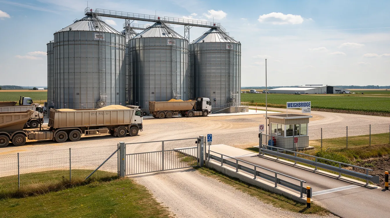 8123e71e 74fc 4a80 aed5 3275c345e1e1 The image depicts large galvanized steel grain storage silos at a rural facility, with several trucks parked nearby and a weighbridge visible at the entrance gate. These modern silos are designed for storing bulk quantities of agricultural commodities like wheat, rice, and maize, ensuring proper maintenance and moisture control to preserve grain quality and reduce spoilage.