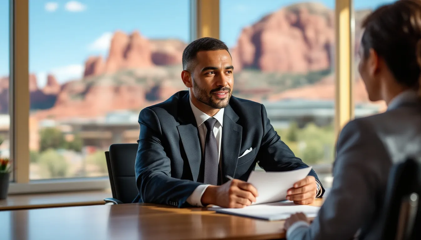 An attorney is seated at a desk in an office with a scenic view of Pueblo, Colorado, engaged in a meeting with a client. They are discussing the client's social security disability benefits, providing guidance on navigating the social security disability process.