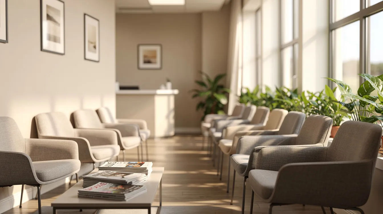 The image depicts a serene medical office waiting room filled with natural light, featuring neatly arranged chairs that provide a comfortable space for individuals, including those seeking information about social security disability benefits and mental health treatment. The atmosphere is calm, ideal for patients dealing with various medical conditions and mental disorders.