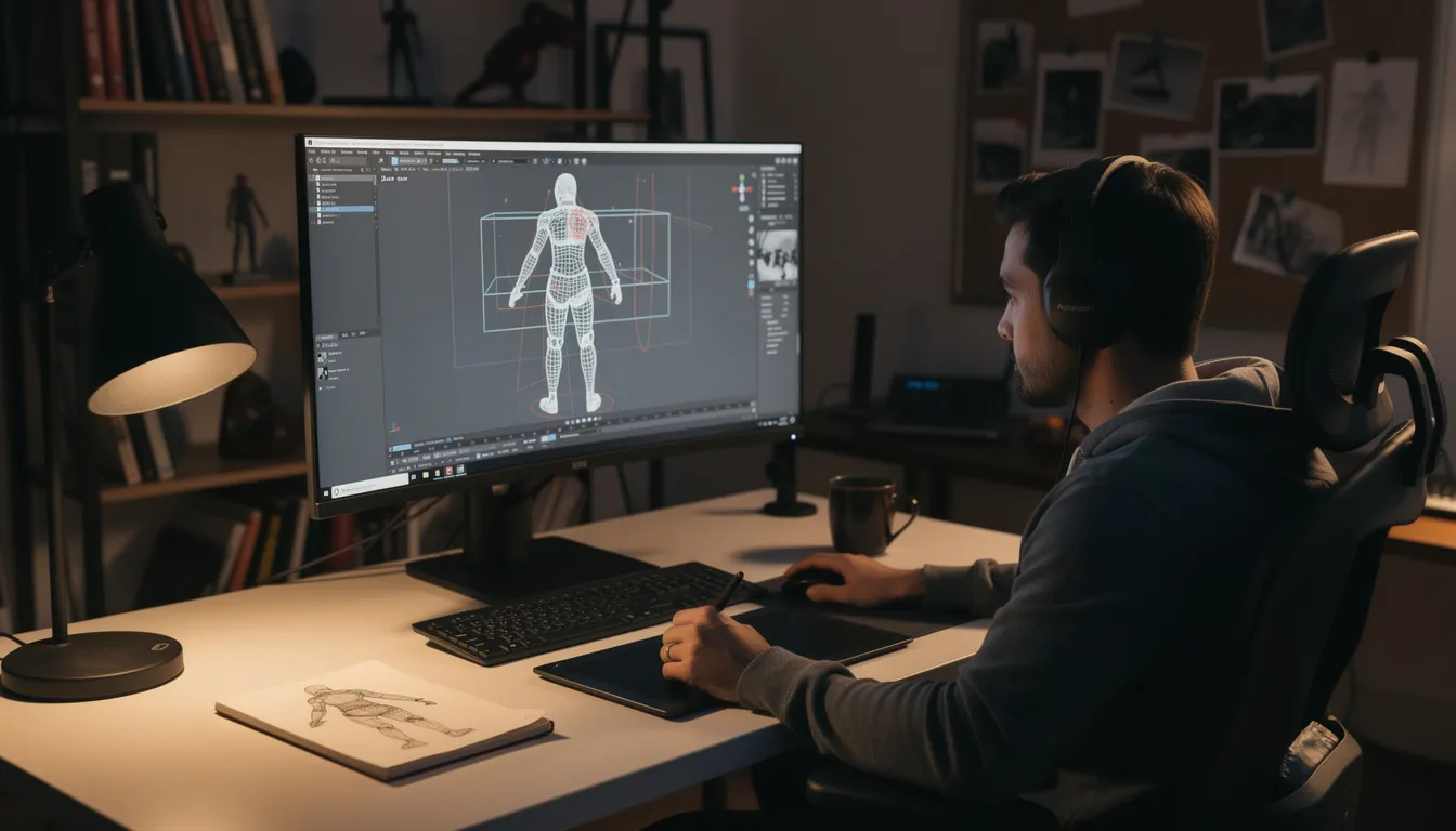 The image shows a person focused on 3D modeling at a computer workstation, creating unique add ons for the Minecraft experience. Various tools and software related to texture packs and behavior packs are visible on the screen, emphasizing the creative process involved in modifying the game.