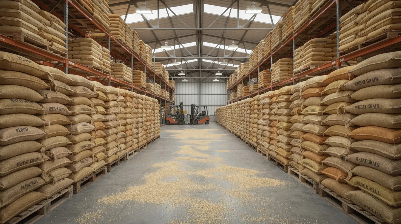 The image depicts a large warehouse filled with numerous sacks of wheat grain, ready for processing in a flour mill. This storage area is crucial for the flour milling industry, as it ensures a steady supply of raw materials for producing various flour products.