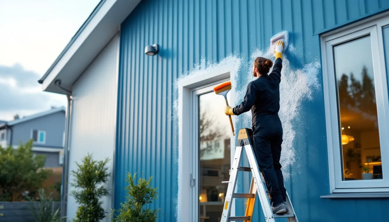 A homeowner cleaning uPVC cladding, demonstrating easy maintenance.