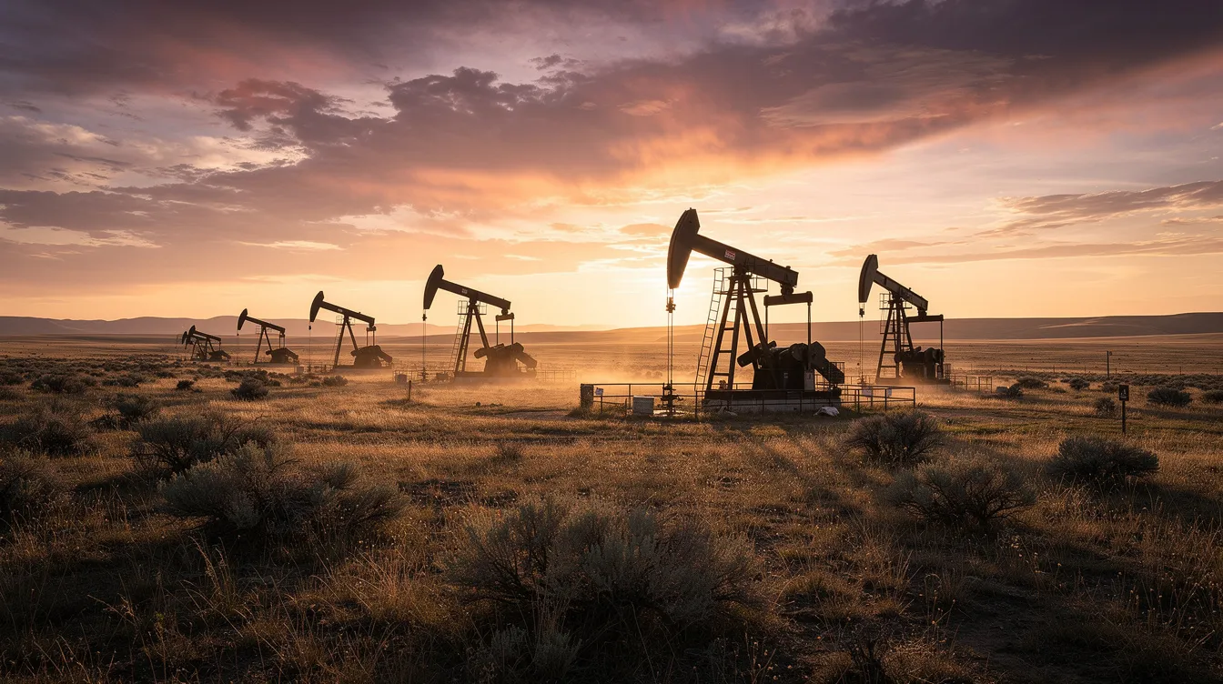 The image depicts a stunning sunset casting warm hues over a wide open prairie basin, where oil pump jacks are actively operating, symbolizing the heart of the oil and gas industry. This serene yet industrious scene highlights the significance of oil and gas assets in energy production and the ongoing projects that sustain the energy sector.