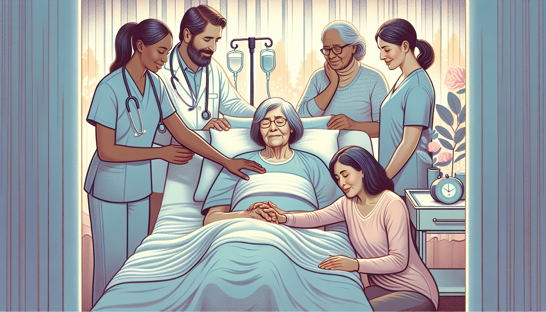 Illustration of a patient receiving comfort and support in a hospice care setting