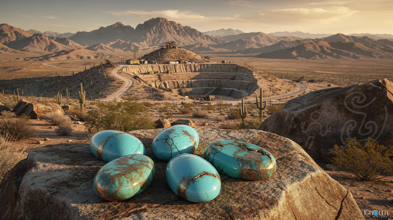 The image showcases a vibrant turquoise and gold bracelet featuring authentic Mojave Turquoise from the renowned Kingman Mine in Arizona. The piece highlights striking golden metallic veins and the unique bronze metal matrix characteristic of this beautiful gemstone, which has been valued since ancient times by cultures such as the Aztecs and Navajo.
