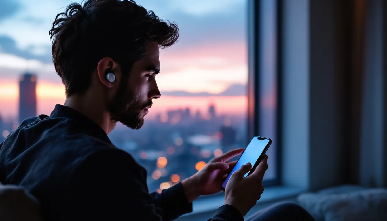 Un utilisateur de téléphone logiciel avec des écouteurs de qualité.