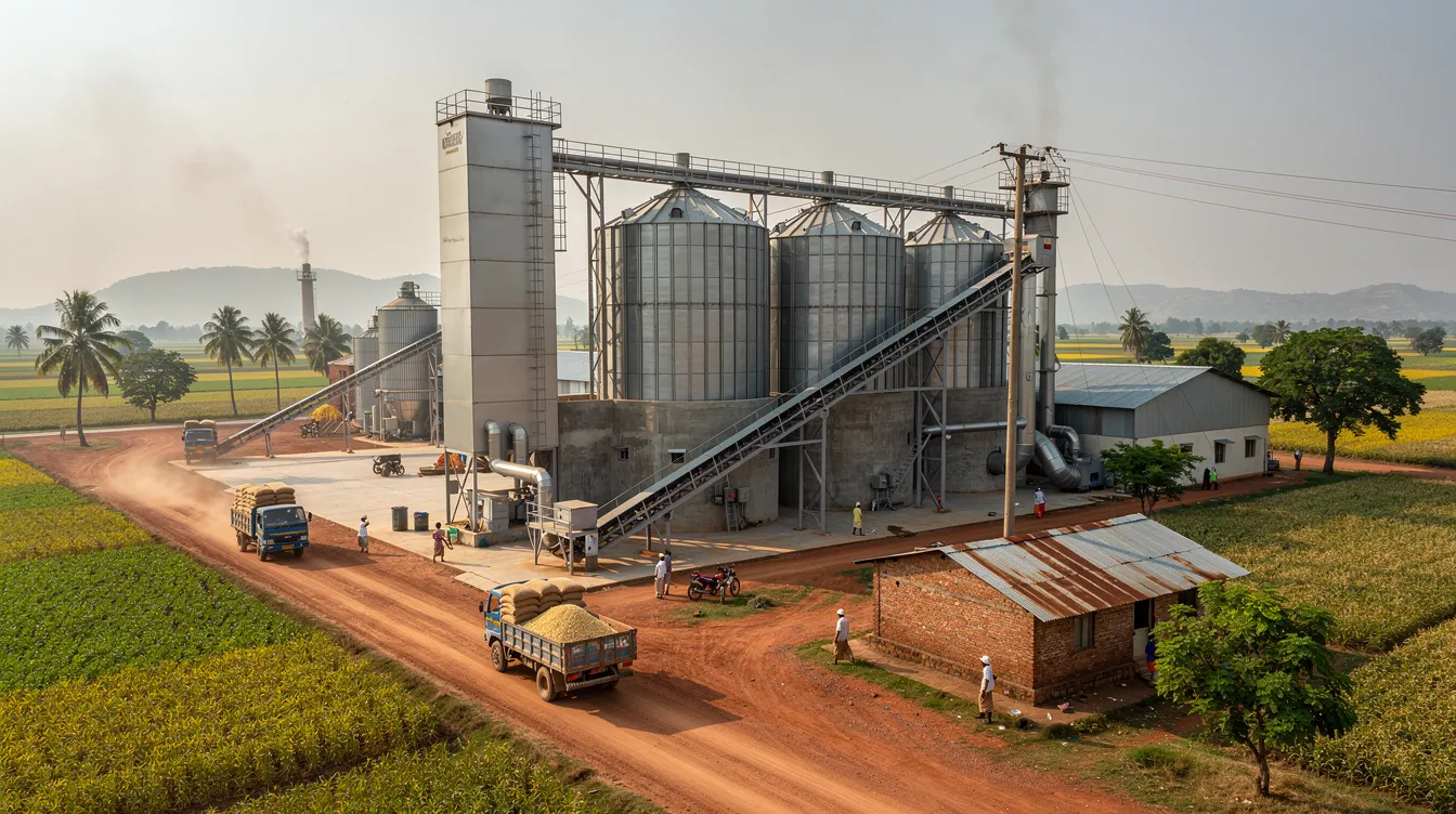 812a7b38 5683 48bb 9ff3 67b83fff7002 The image depicts an industrial soybean processing plant set in a rural Indian landscape, featuring large storage silos and intricate conveyor systems. This facility is central to the soybean processing industry, playing a vital role in producing soybean oil and meal, while also highlighting the investment risks associated with soybean prices and market volatility.