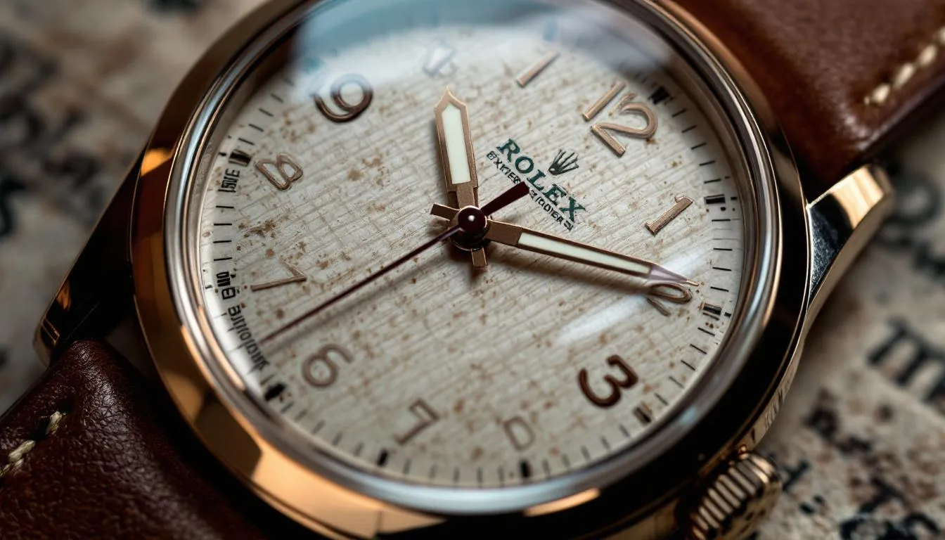 A close-up view of a Rolex Explorer featuring a brown leather strap, highlighting the elegant black dial and detailed watch case. The image showcases the timeless appeal and durability of this popular choice for everyday wear.
