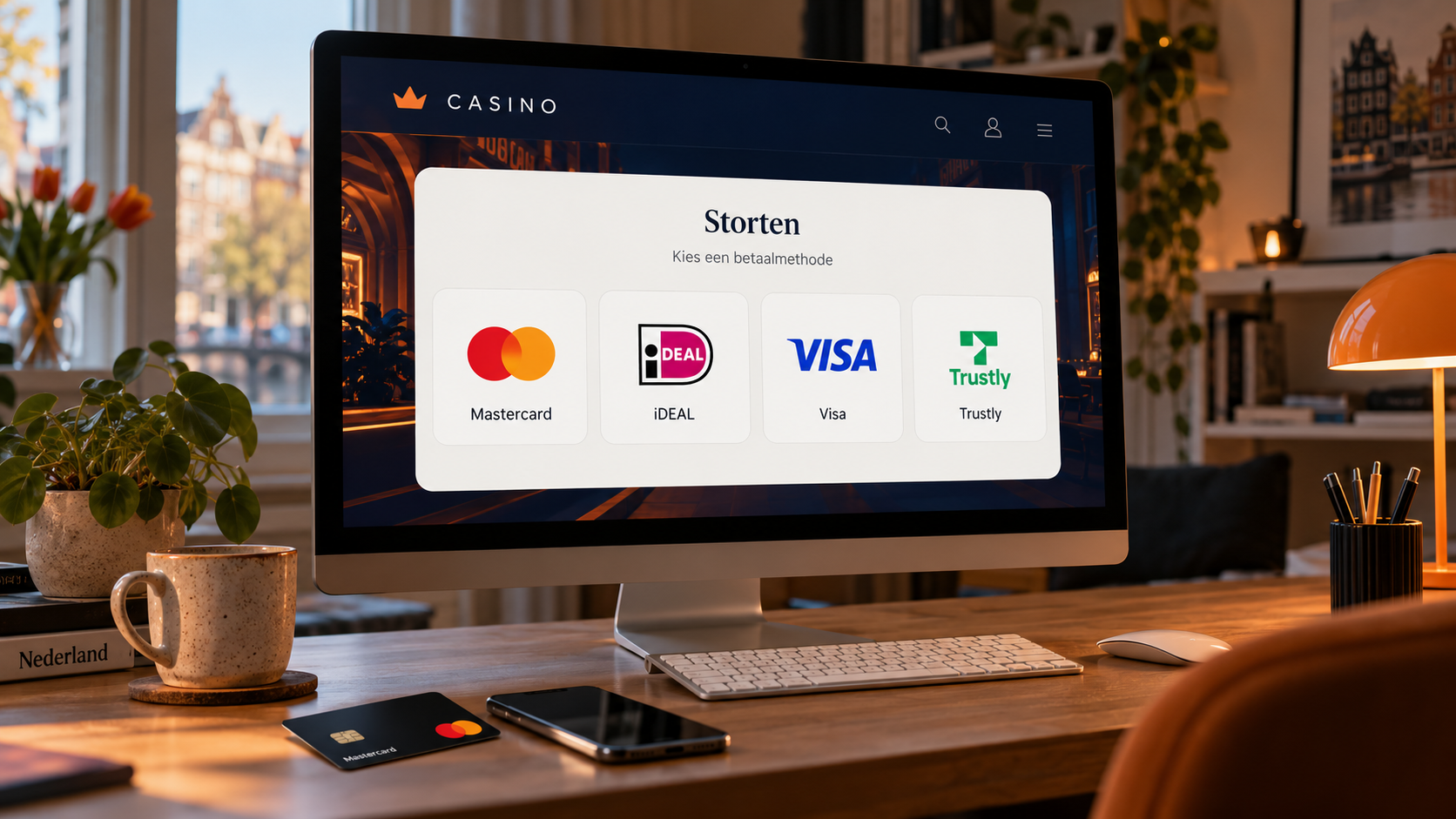 Betaalmethoden Mastercard, iDEAL, Visa en Trustly naast elkaar op een casinoscherm.