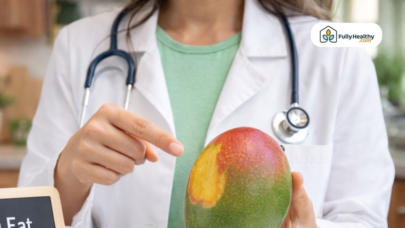 Doctor pointing at a mango discussing if the skin is edible