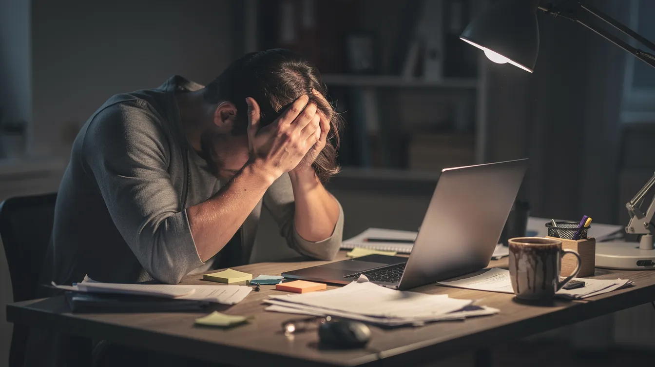Eine erschöpfte Person sitzt am Schreibtisch und hat den Kopf in den Händen vergraben, was auf hohen Stress und möglicherweise erhöhte Cortisolwerte hinweist. Diese Darstellung spiegelt die Auswirkungen von chronischem Stress auf den Körper wider, einschließlich der möglichen Symptome wie Schlafproblemen und Erschöpfung.