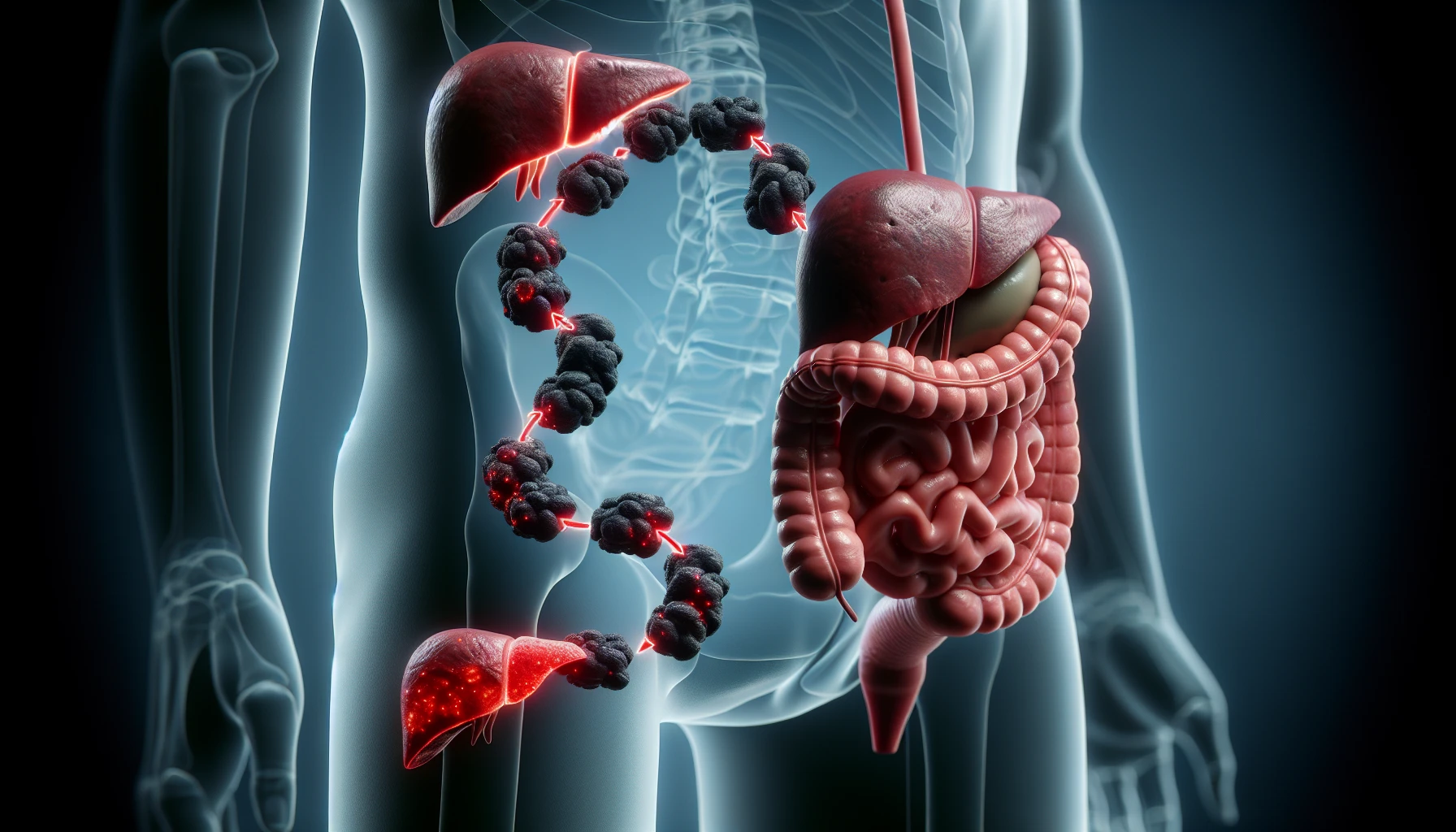 Illustration of cancer cells spreading to the liver
