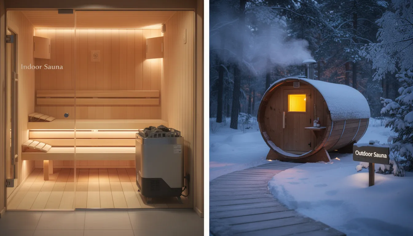 The image compares indoor and outdoor saunas, highlighting the unique benefits of each option, such as the convenience of indoor saunas in a home gym or master bathroom versus the natural ambiance and fresh air provided by outdoor saunas in a backyard setting. It emphasizes personal preferences and considerations like climate control, proper ventilation, and the sauna experience.