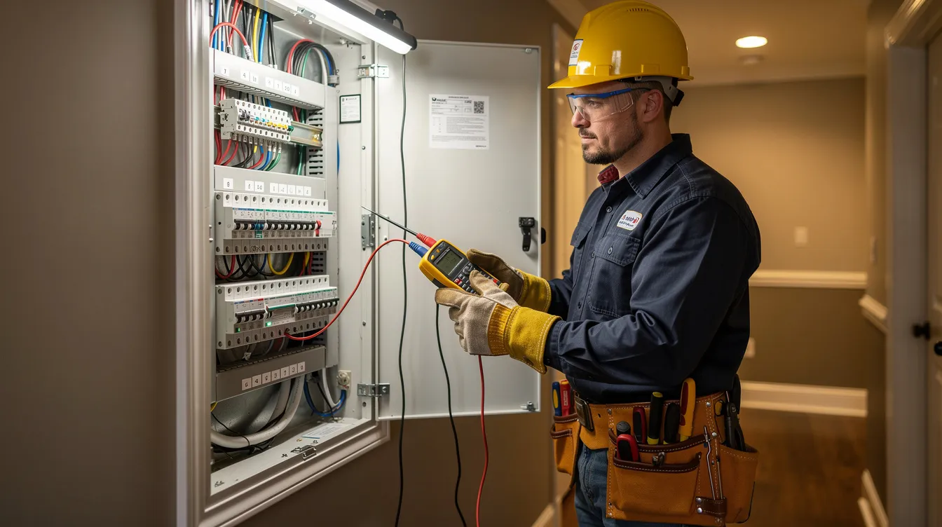 An electrician, equipped with safety gear and tools, is inspecting a residential electrical panel to ensure it meets safety standards. This scene highlights the critical role of electrical contractors in providing reliable electrical services to local customers.