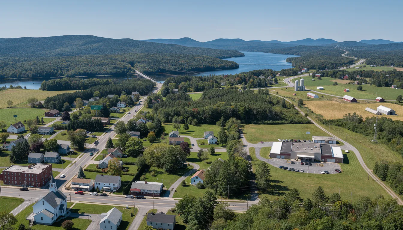 The image depicts a scenic Maine landscape showcasing a blend of rural and suburban buildings that represent the Penobscot County service area. This area emphasizes the importance of water quality and treatment systems, highlighting the need for effective solutions like reverse osmosis and water filtration systems to address the water concerns of Maine homeowners.