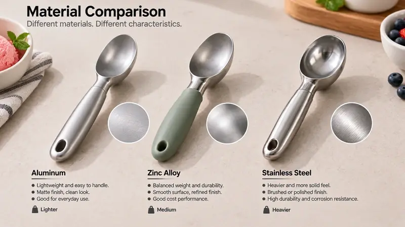 Aluminum, zinc alloy, and stainless steel ice cream scoops compared for sourcing