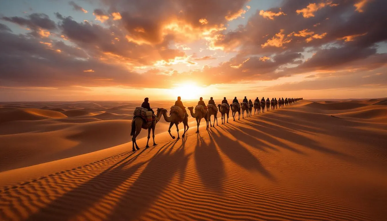 A camel caravan traverses the golden sand dunes of the Sahara Desert at sunset, silhouetted against a vibrant sky painted in shades of orange and purple. This enchanting scene captures the essence of Morocco's natural beauty and adventure, inviting travelers to explore its rich culture and stunning landscapes.