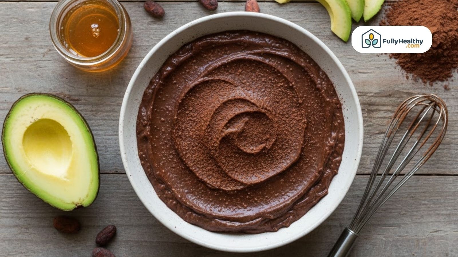 Bowl of chocolate avocado pudding surrounded by avocado halves, cocoa powder, honey, and a whisk on a wooden surface.