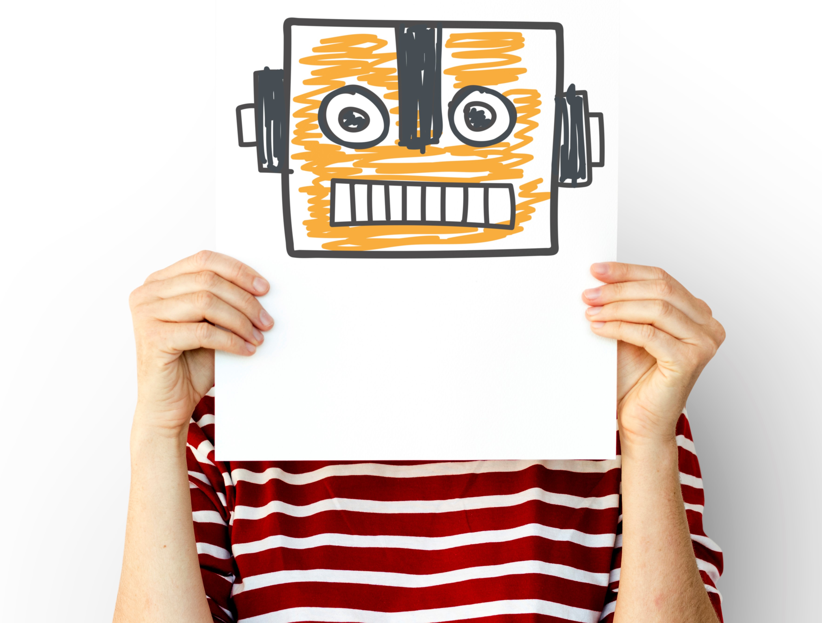 image of a person holding robot drawing pretending to be a bot