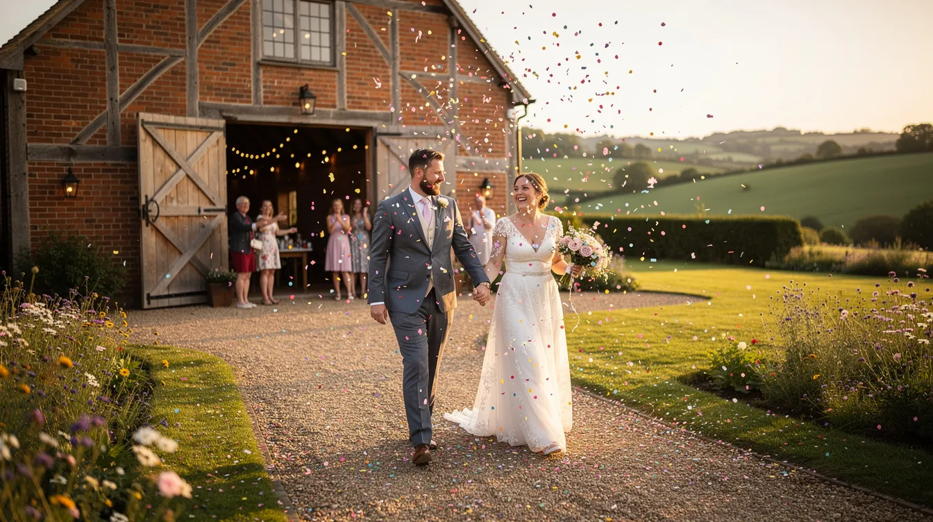 A couple joyfully walks through a shower of colorful confetti outside a rustic English barn wedding venue, surrounded by the serene countryside. The scene captures the essence of their indie wedding, evoking the upbeat indie wedding songs that might play during their celebration.