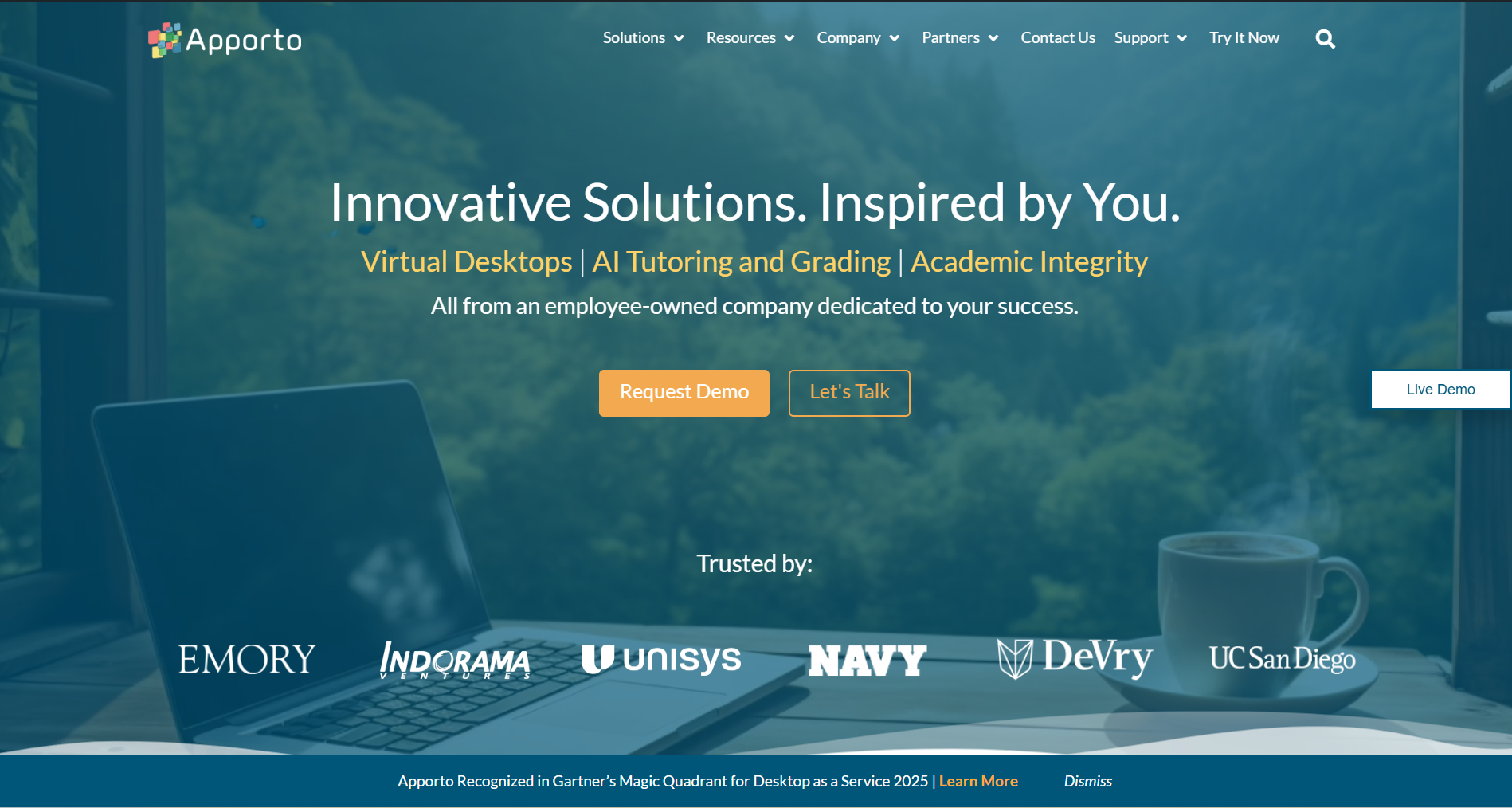Apporto homepage showcasing virtual desktop solutions for education with cloud-based learning, AI tools, and trusted university partners.