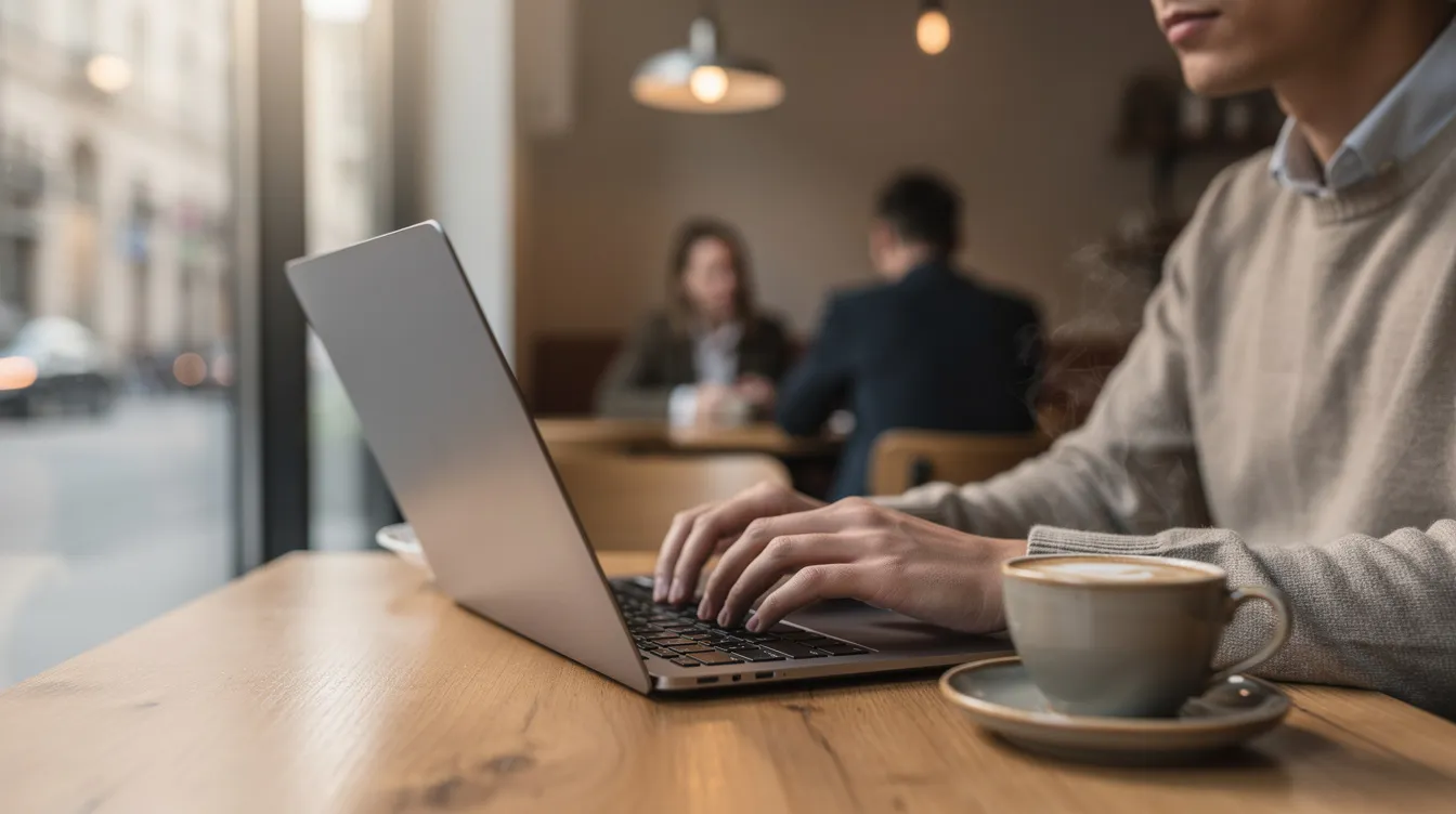 A person is seated at a modern cafe, focused on their laptop while a coffee cup rests nearby, embodying the lifestyle of an online business entrepreneur. This scene suggests the convenience and flexibility of running a dropshipping business model, where managing inventory and fulfilling customer orders can be done from any location with an internet connection.