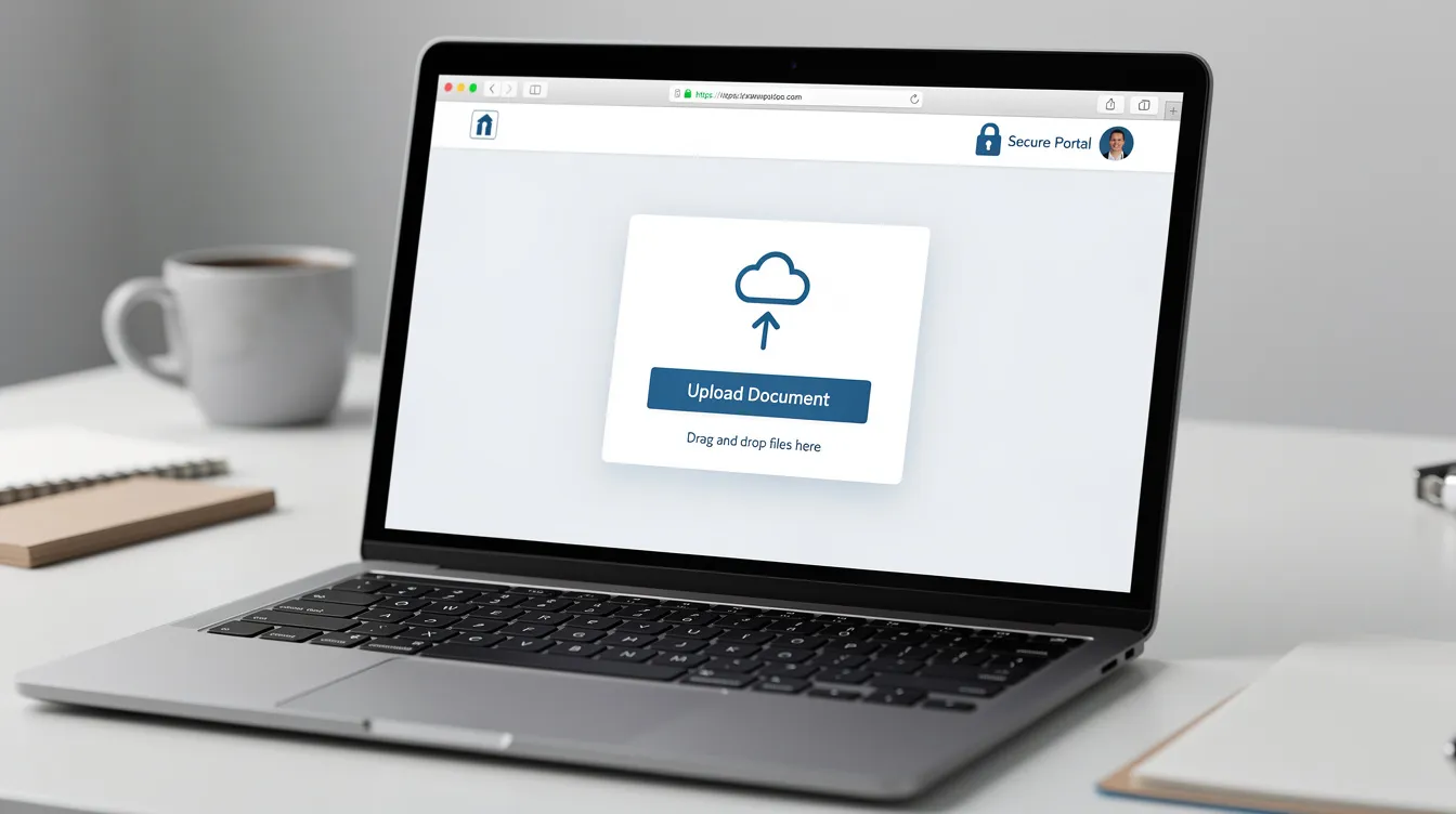 The image depicts a laptop screen displaying a secure document upload portal interface, designed for businesses to submit essential documentation for the employee retention credit (ERC) application process. This user-friendly portal aims to streamline the ERC filing process for eligible employers seeking tax refunds related to qualified wages during the pandemic.