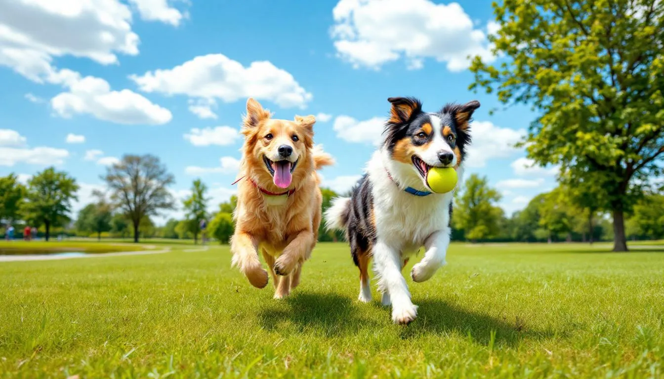In the image, several dogs of various breeds are joyfully playing together in a dog park, engaging in activities that provide both physical exercise and mental stimulation. The scene highlights the importance of regular exercise for healthy adult dogs, showcasing their happy interactions as they run and explore their surroundings.
