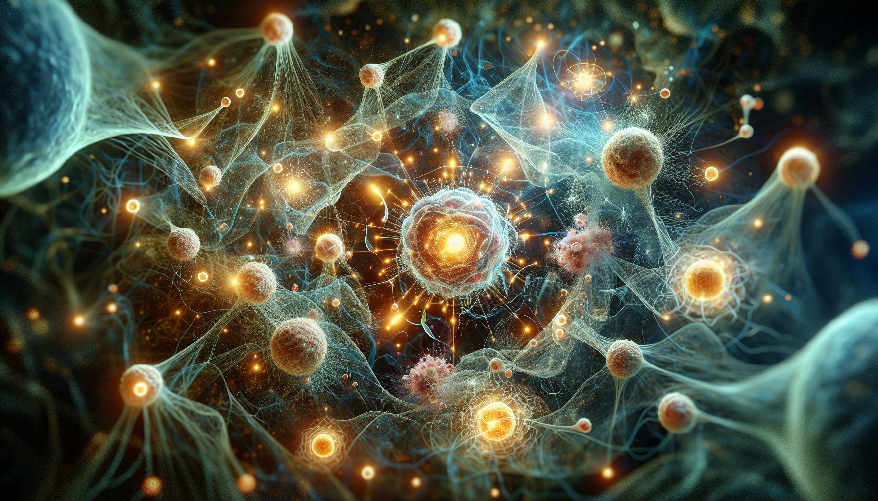 Artistic depiction of immune cells and signaling pathways influenced by fisetin