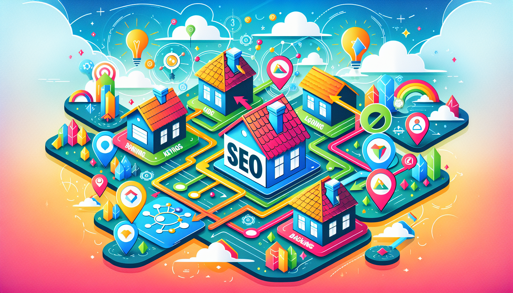 An illustration depicting local SEO strategies for roofing companies, showcasing various tools and techniques.