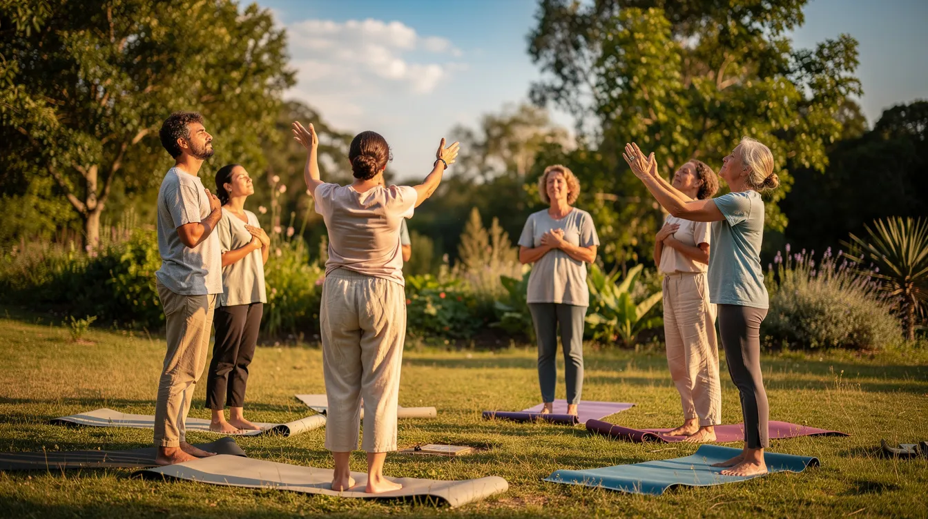 A small group of individuals is practicing gentle breathwork and movement exercises outdoors, bathed in natural sunlight, exuding a sense of peace and connection. This scene reflects a commitment to mental health and well-being, emphasizing the importance of managing stress and preventing burnout in both personal life and workplace culture.