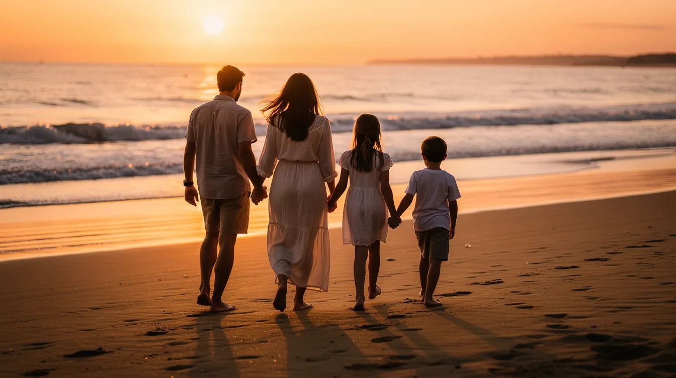 Familia paseando al atardecer por una playa de arena dorada en el sur de Francia con suaves olas del Mediterráneo