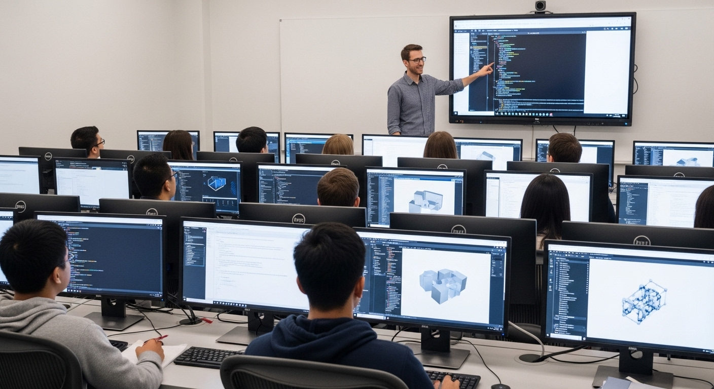 Teaching computer lab with an instructor guiding students through exercises on identical desktop setups.