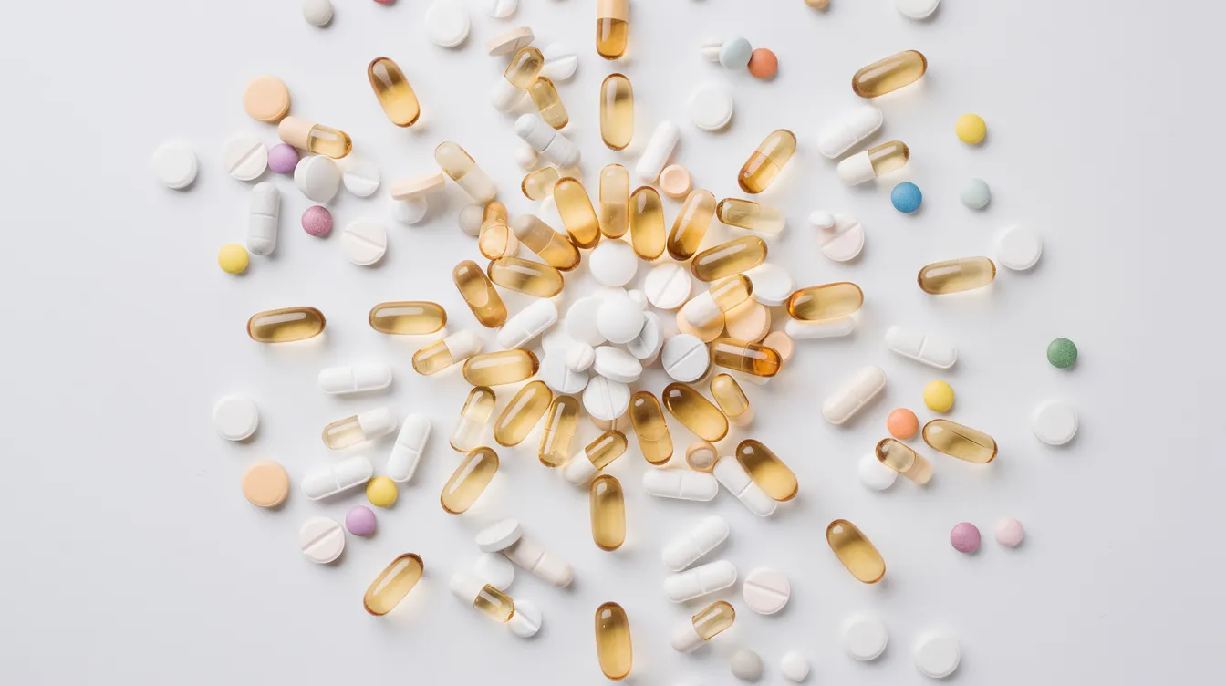 The image features an assortment of colorful supplement capsules and pills neatly arranged on a white surface, representing various dietary supplements that may support skin health, immune system function, and overall well-being. This collection includes popular options like vitamin D, fish oil, and vitamin C, emphasizing the importance of a balanced diet and healthy lifestyle choices.