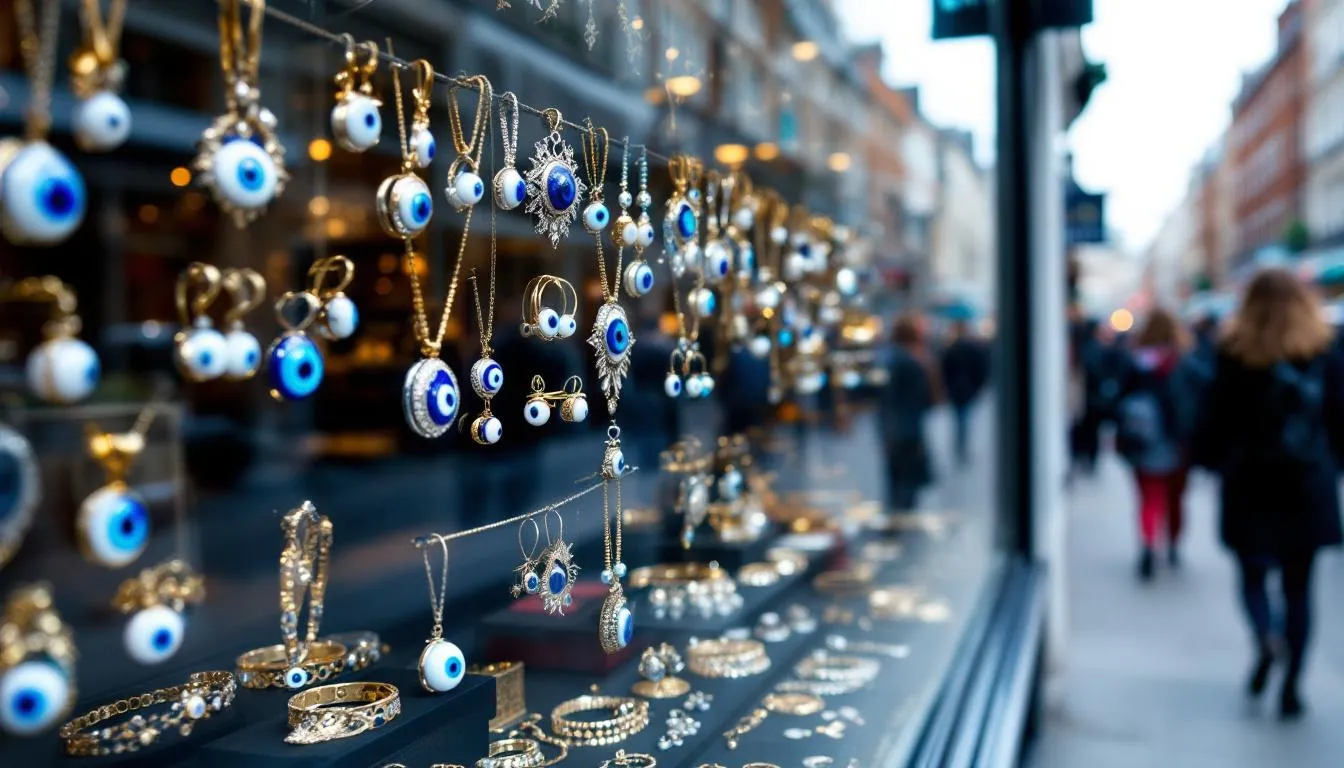 An assortment of authentic evil eye jewellery displayed in a London shop, showcasing various designs meant for protection, including necklaces and bracelets. The image also features a shopping cart icon, suggesting the option to add items to an account for purchase.