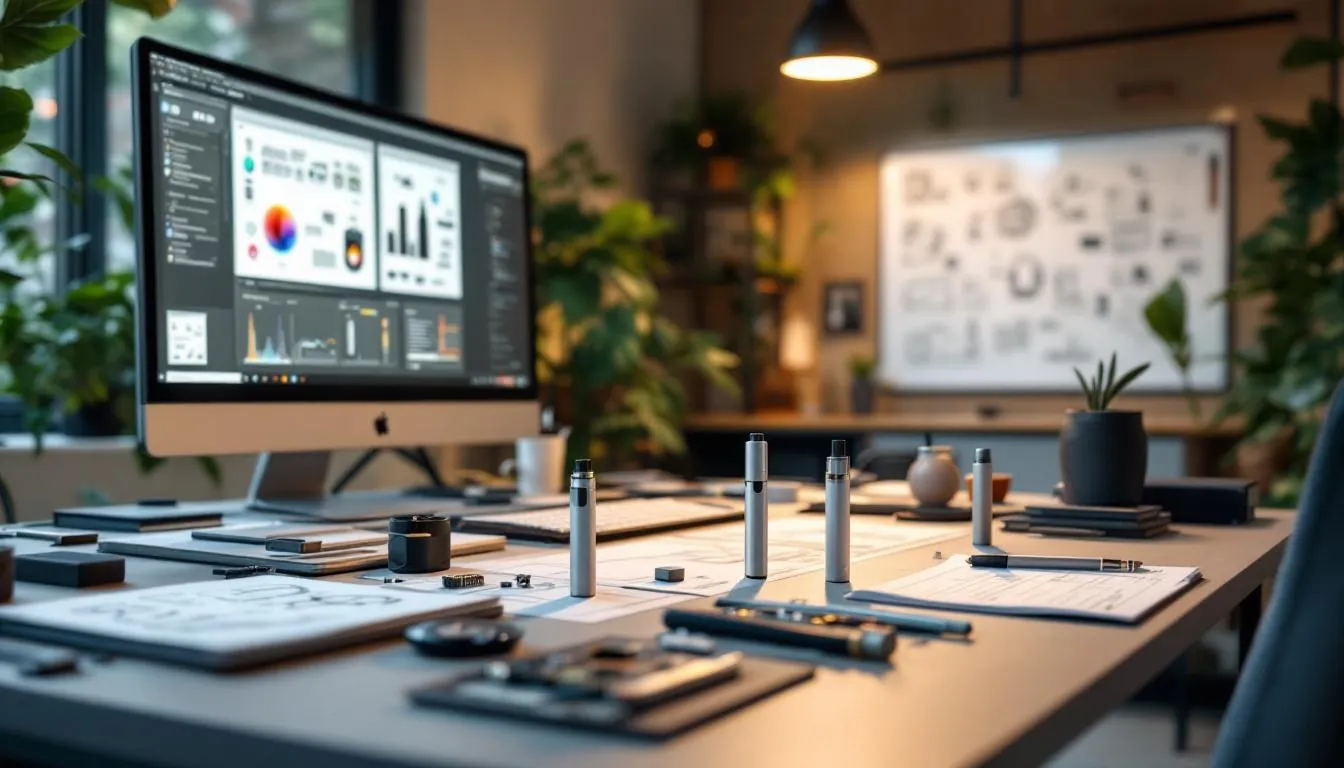 In a professional workspace, various custom vape pen prototypes are displayed alongside design materials, showcasing the innovative technology and quality of the products. The setup emphasizes the importance of high-quality vape pens and their potential for wholesale pricing, appealing to businesses in the vaping industry.