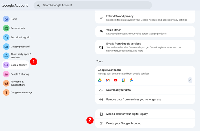 The Data and Privacy and delete options in Google Account Management.