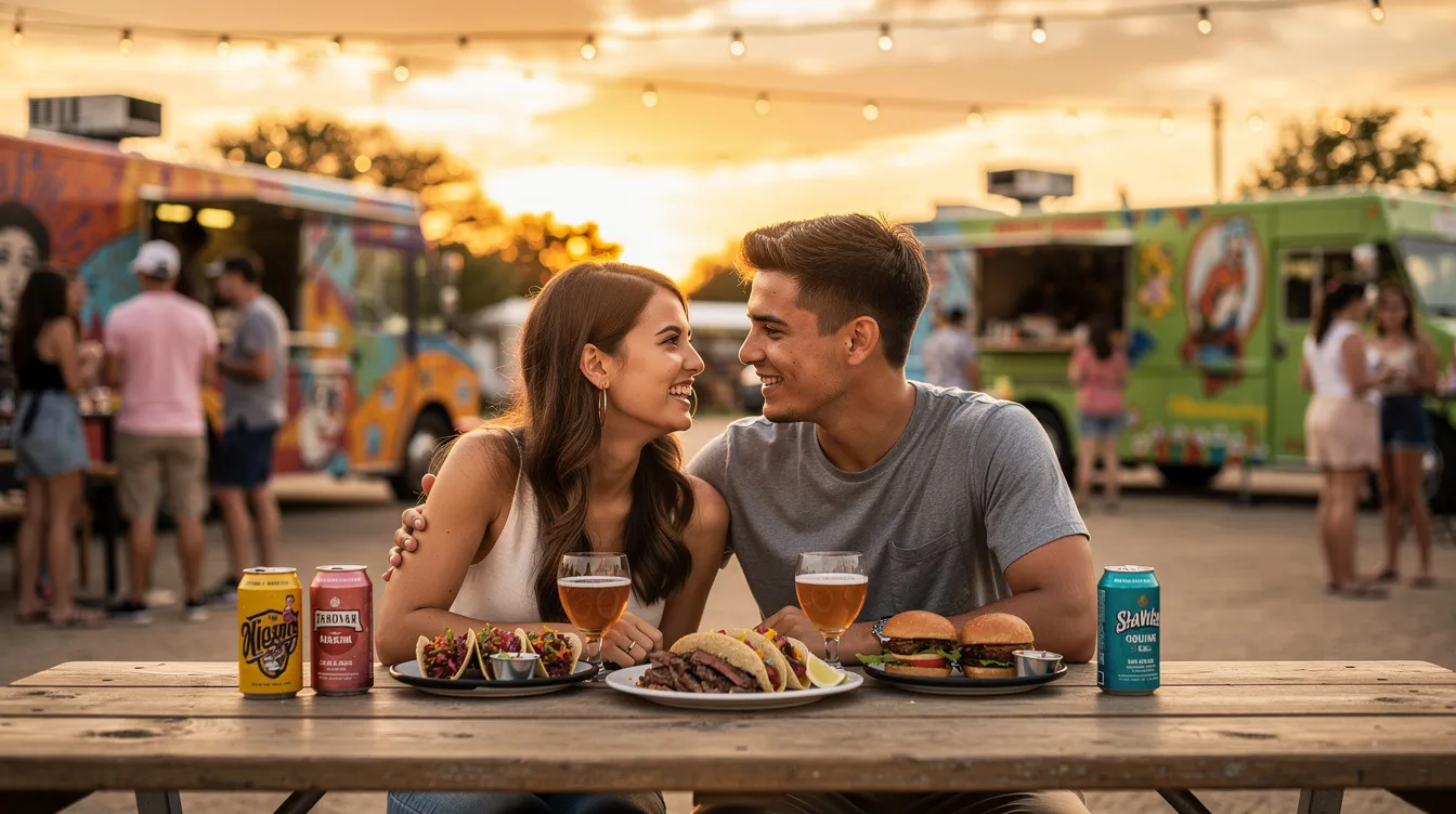 A couple enjoys a romantic foodie date in Austin, TX, surrounded by twinkle lights and the vibrant atmosphere of downtown. They are seated at an outdoor patio, savoring small plates from a local food truck, while live music fills the air, creating a perfect backdrop for their special occasion.
