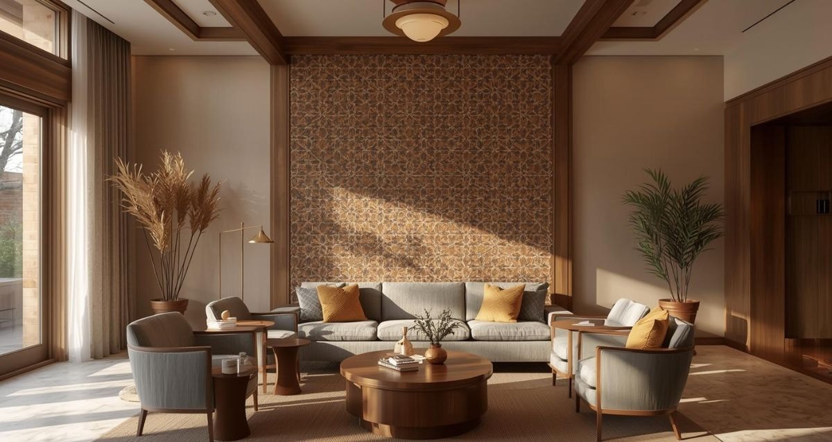 Living room with a large encaustic tile accent wall