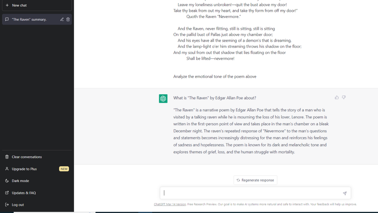 ChatGPT analyzing the emotional tone of the poem The Raven by Edgar Alllan Poe.