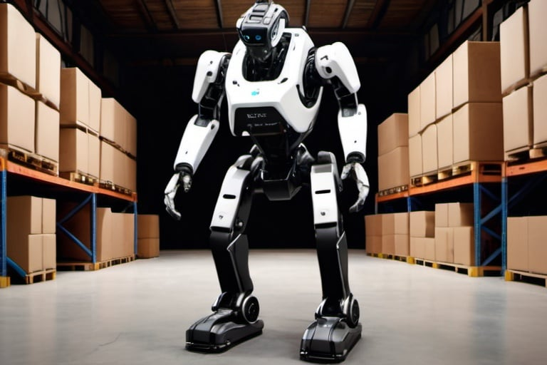Futuristic robot in a warehouse